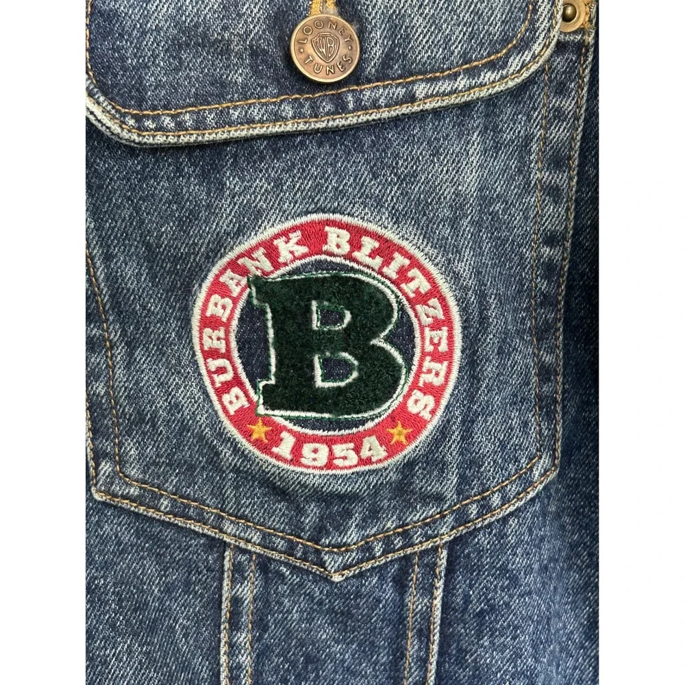 Vintage Denim Jacket Looney‎ Tunes Character Patch Green Sleeve Lined Mens M 90s
